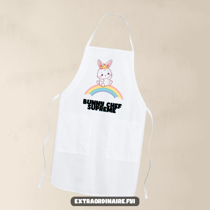 Funny apron depicting a fluffy bunny wearing a crown, triumphantly leaping over a sparkling rainbow, perfect for a humorous cook.