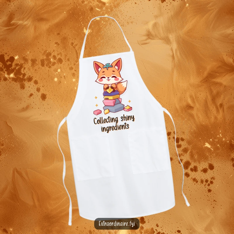 Funny Fox Apron: A mischievous fox character wears an apron and balances a stack of shiny kitchen utensils and cookware.