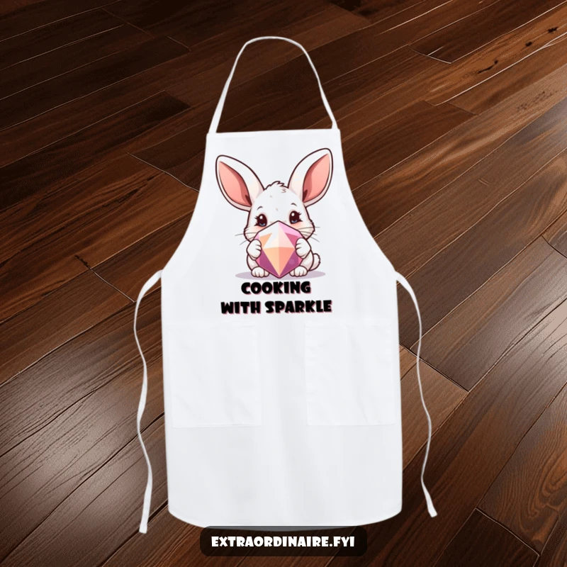 Funny apron design with a curious rabbit with oversized ears peeking from behind a sparkling gem.