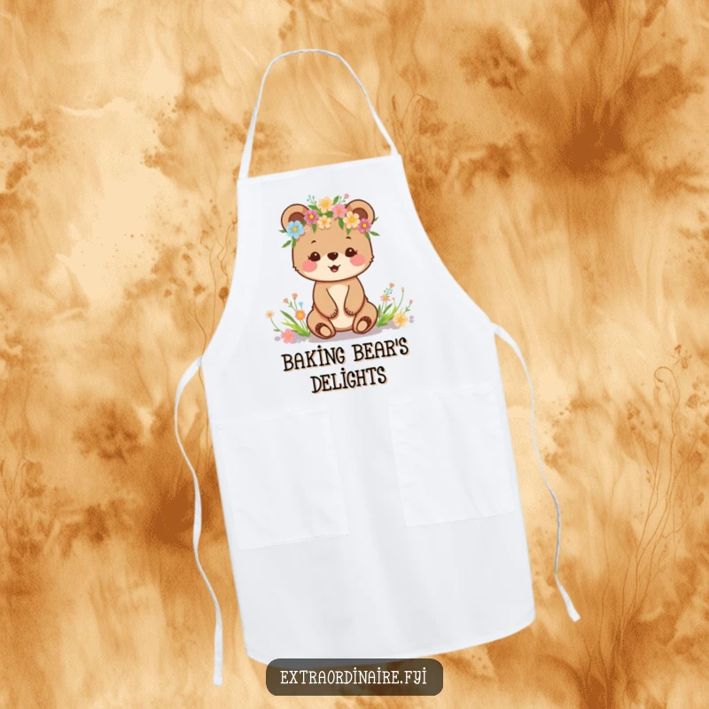 Funny apron depicting a happy bear cub wearing a crown of wildflowers, perfect for culinary adventures.