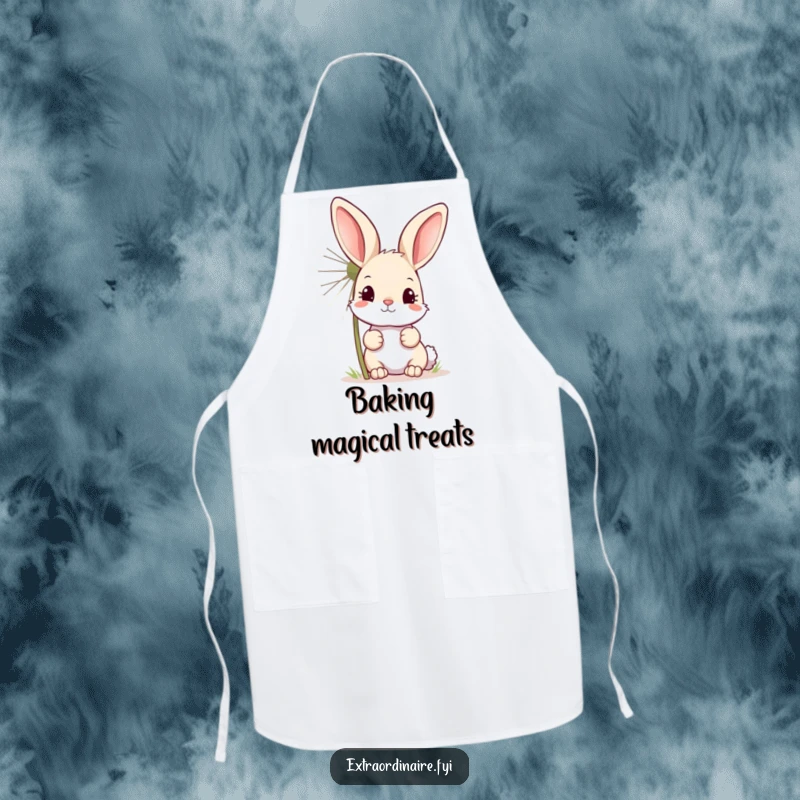 Funny apron depicting a curious bunny peeking from behind a giant, sparkling dandelion, perfect for whimsical kitchen protection.