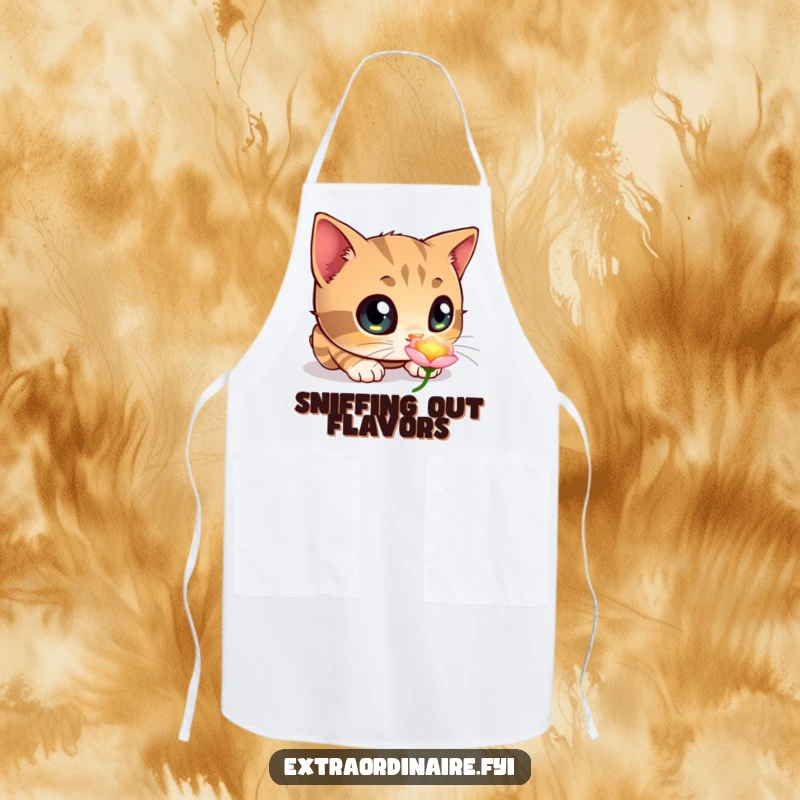 Funny apron with a curious cat, big eyes scanning a brightly glowing flower, perfect for a whimsical culinary experience.