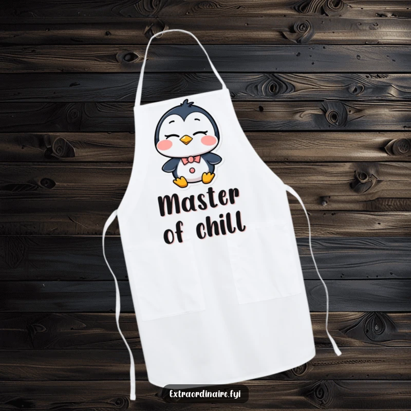 Funny Penguin Apron: A dapper penguin in a chef's hat gives a confident wink, adding humor to kitchen attire for cooking enthusiasts.