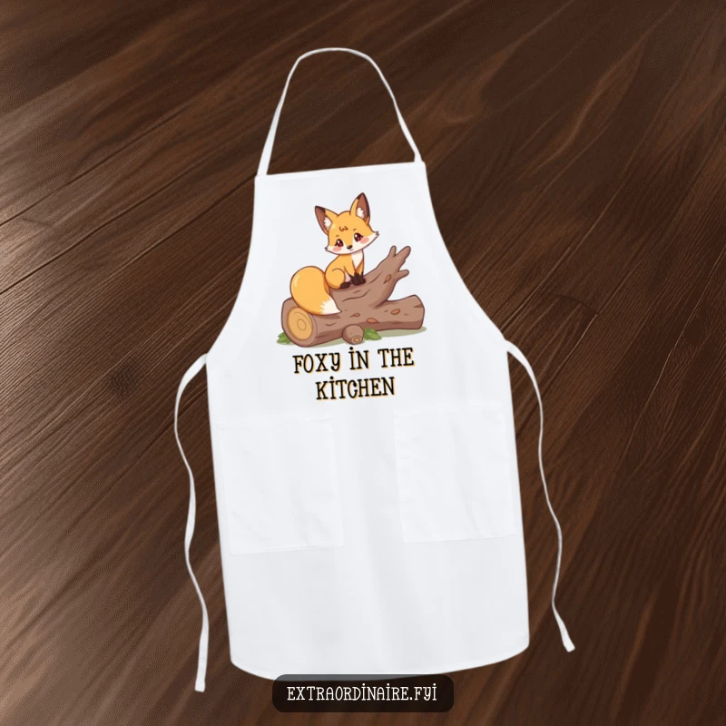 Funny apron depicting a playful fox elegantly posing on a fallen log, perfect for kitchen adventures.