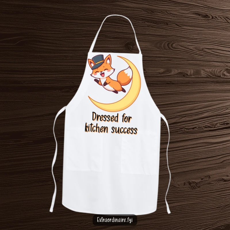 Funny Fox Top Hat Apron: A comical apron featuring an excited fox wearing a top hat, soaring over a crescent moon. Great for gifting.