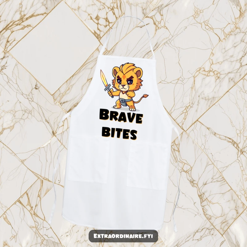 Funny lion cub apron, a brave lion cub holding a tiny sword, protecting the wearer during cooking, humorous kitchen wear.