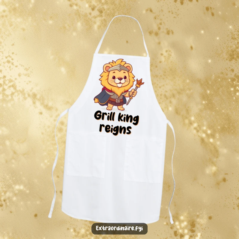 Funny lion apron, wearing a cape and holding a scepter, ready to rule the kitchen with brave humor.