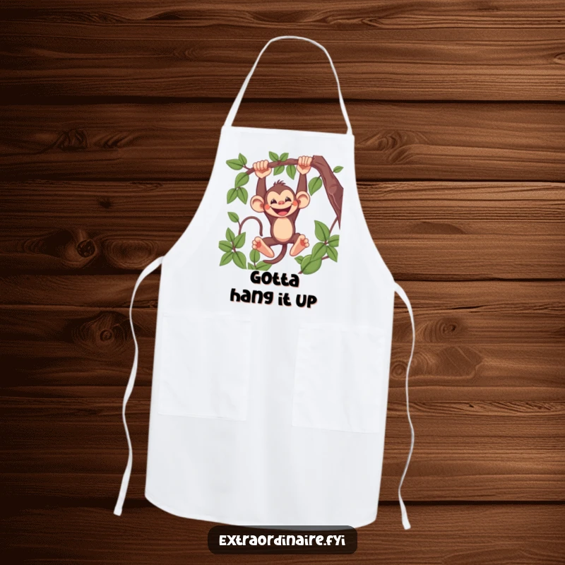 Funny Monkey Apron depicting a mischievous monkey swinging from a vine with a wide grin, ideal for kitchen fun and protecting clothes.