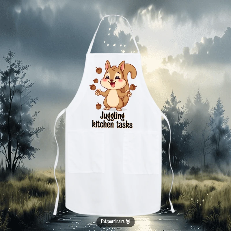 Funny squirrel juggling apron, a squirrel concentrating hard while juggling acorns with a cheerful grin.