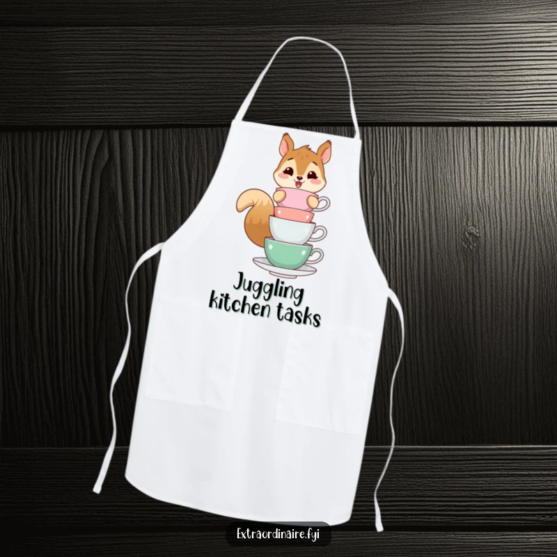 Funny apron featuring a cheerful squirrel character balancing a stack of teacups, a whimsical and humorous kitchen accessory.