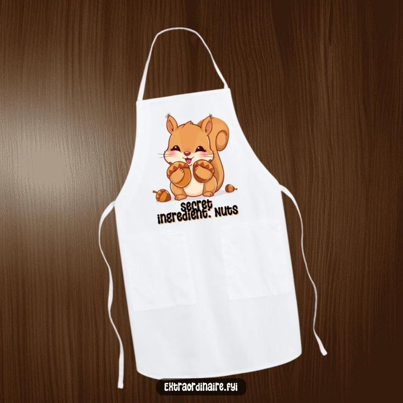Funny apron with a playful squirrel stuffing its cheeks with oversized, shiny acorns, perfect for a whimsical cook.