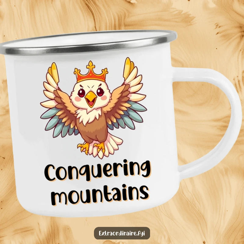 Funny Eagle Camping Mug: A majestic eagle with a crown is ready for adventure on this durable mug, blending royalty and outdoor fun.
