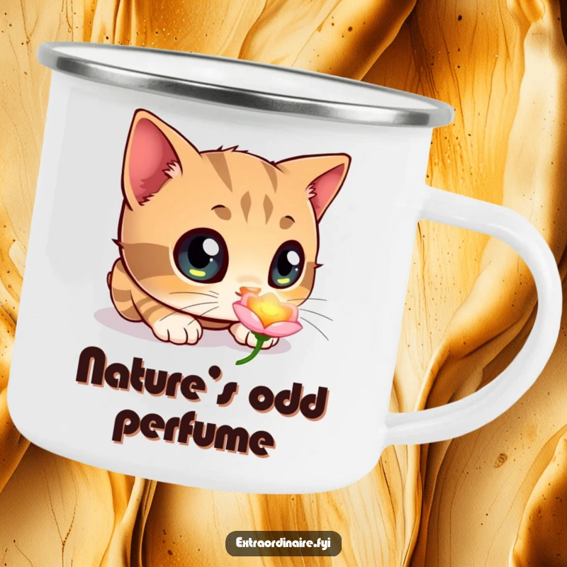 Funny camping mug showing a curious cat with oversized eyes sniffing a softly glowing flower, for magical outdoor moments.