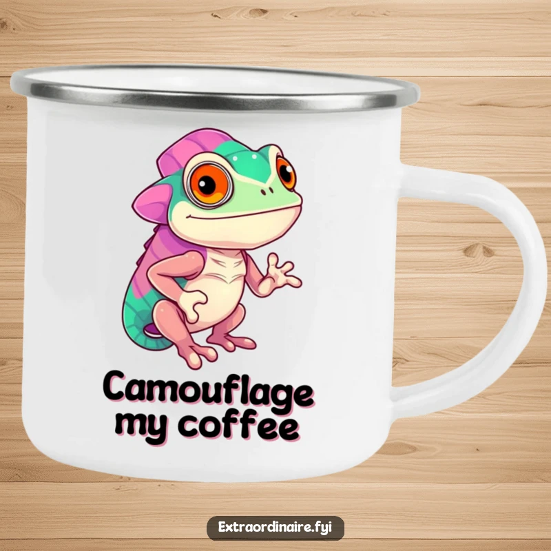 Funny confident chameleon displaying vibrant colors on a rugged camping mug, perfect for outdoor use, adding expressive humor.