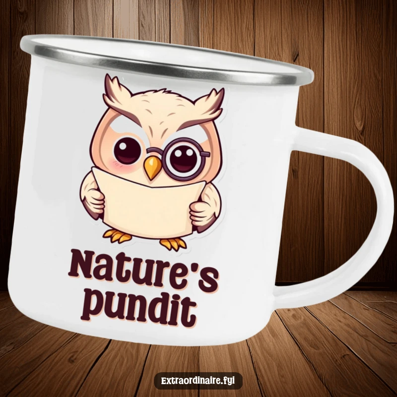 Funny camping mug with a wise owl wearing a monocle, perfect for outdoor adventures and thoughtful contemplation.