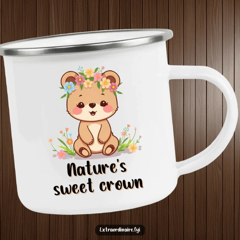 Funny camping mug with a happy bear cub wearing a wildflower crown, perfect for enjoying nature.