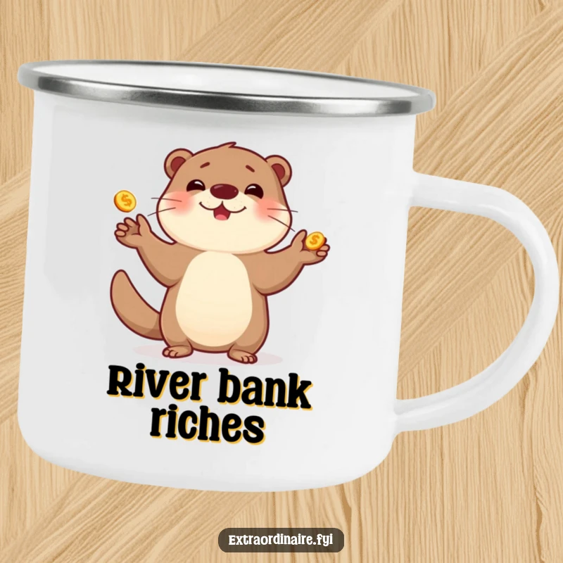 Funny otter camping mug, expertly juggling golden coins, ready for splash-tastic outdoor enjoyment.