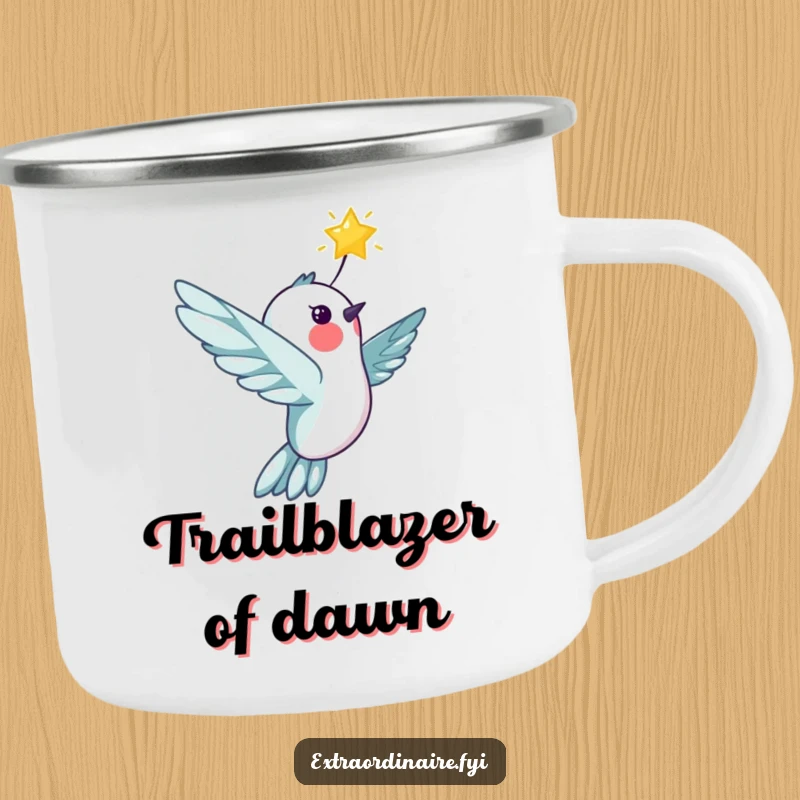Funny cheerful hummingbird with a star on a rugged camping mug, perfect for outdoor use, adding celestial magic and humor.