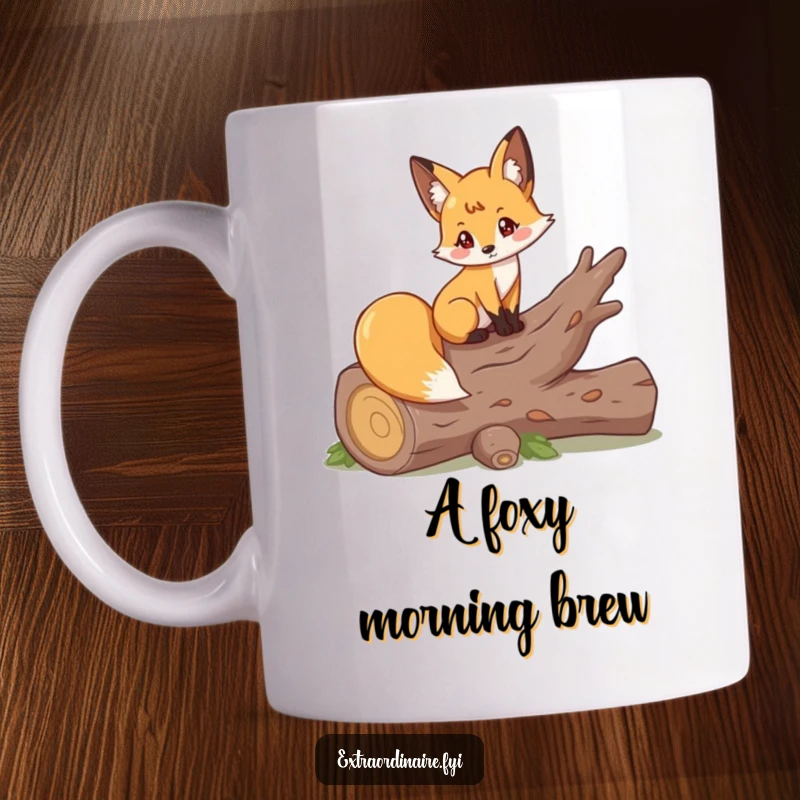 Funny mug featuring a playful fox elegantly posing on a fallen log, looking charming and sophisticated.