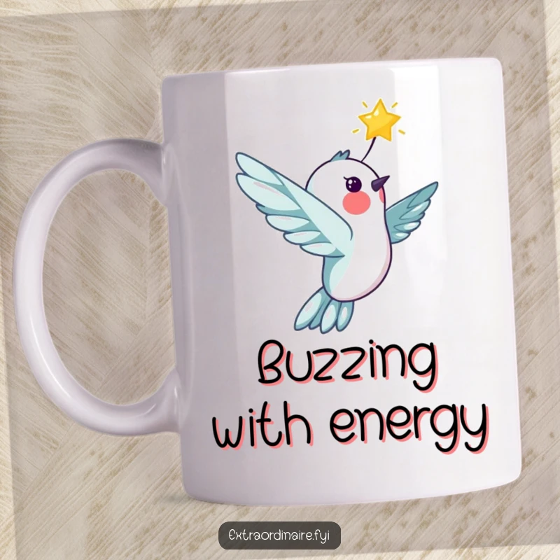 Funny cheerful hummingbird character soaring with a bright star on a mug, symbolizing hope and magic, a joyful and funny gift.