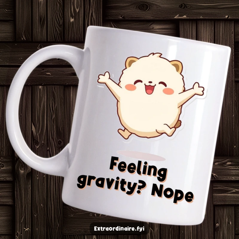 Funny Mug: A round, fluffy animal character ecstatically jumps with arms wide open, expressing pure, unadulterated joy and excitement.