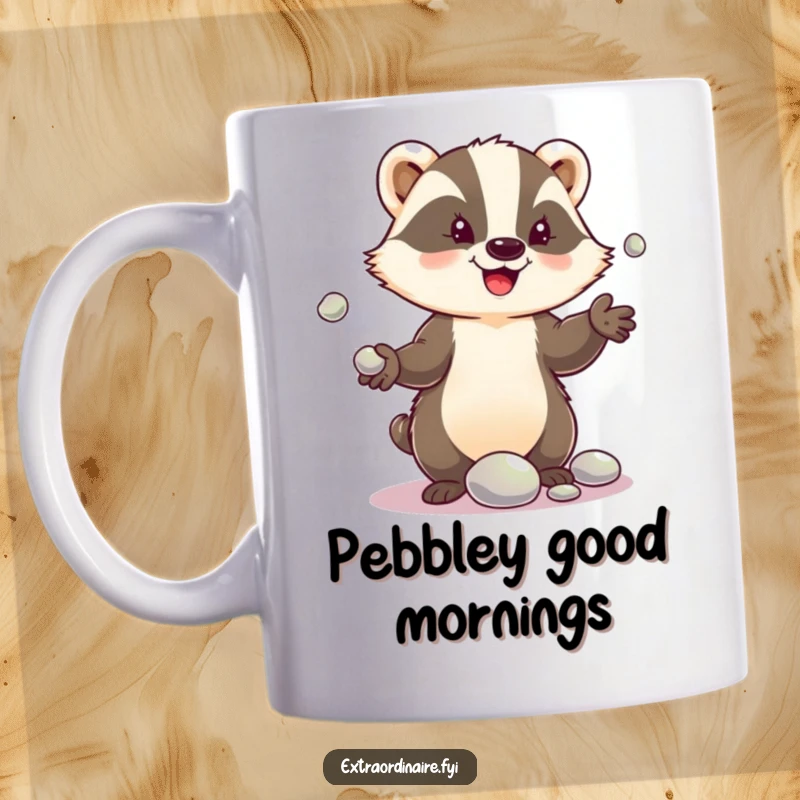 Funny mug depicting a delighted badger with a wide grin, skillfully juggling a set of shiny, colorful pebbles in the air.