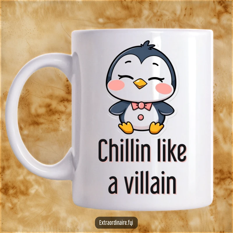 Funny Penguin Mug: A dapper, tuxedo-wearing penguin winks confidently, holding a tiny briefcase. Ideal for a sophisticated and humorous gift.