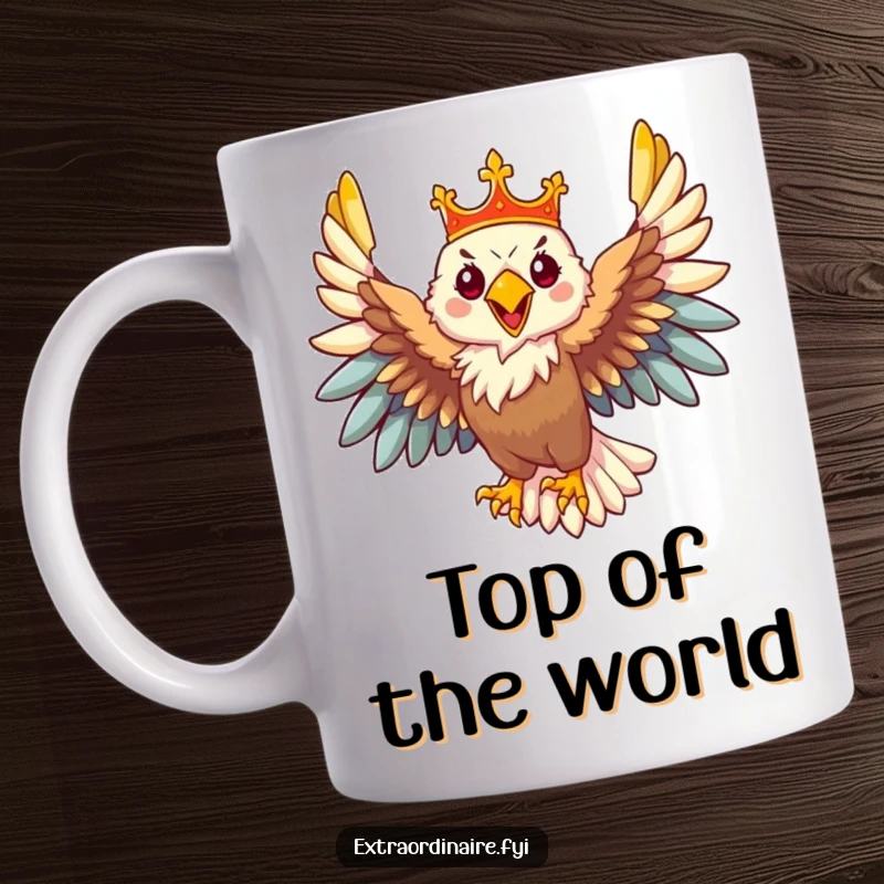 Funny Eagle Mug: A majestic eagle with a golden crown soars powerfully through the sky, embodying strength and royalty.