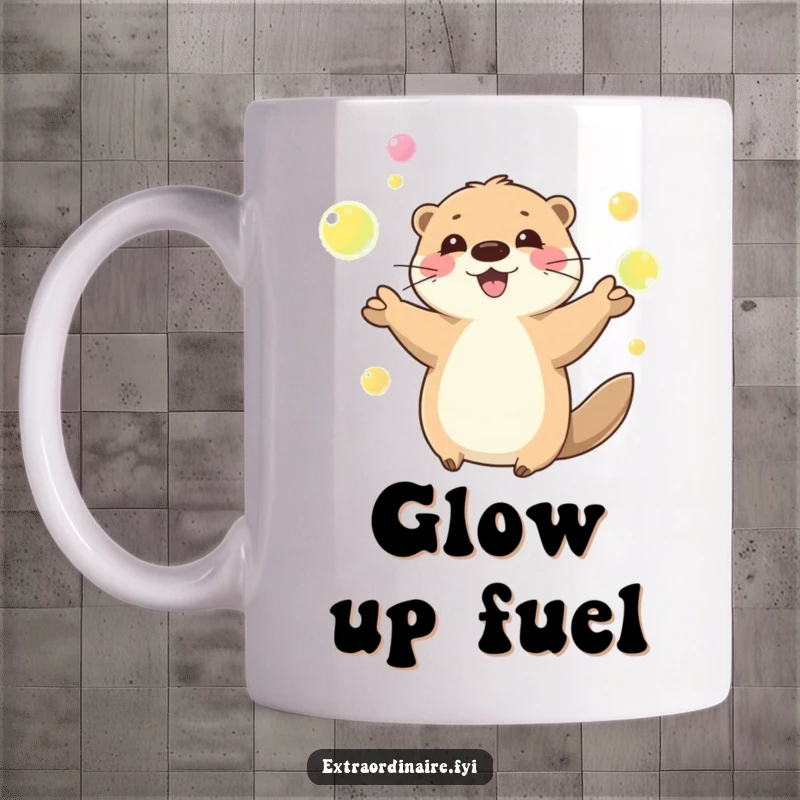 Funny playful otter character happily juggling glowing orbs on a mug, conveying pure joy and amusement, a delightful and funny gift.