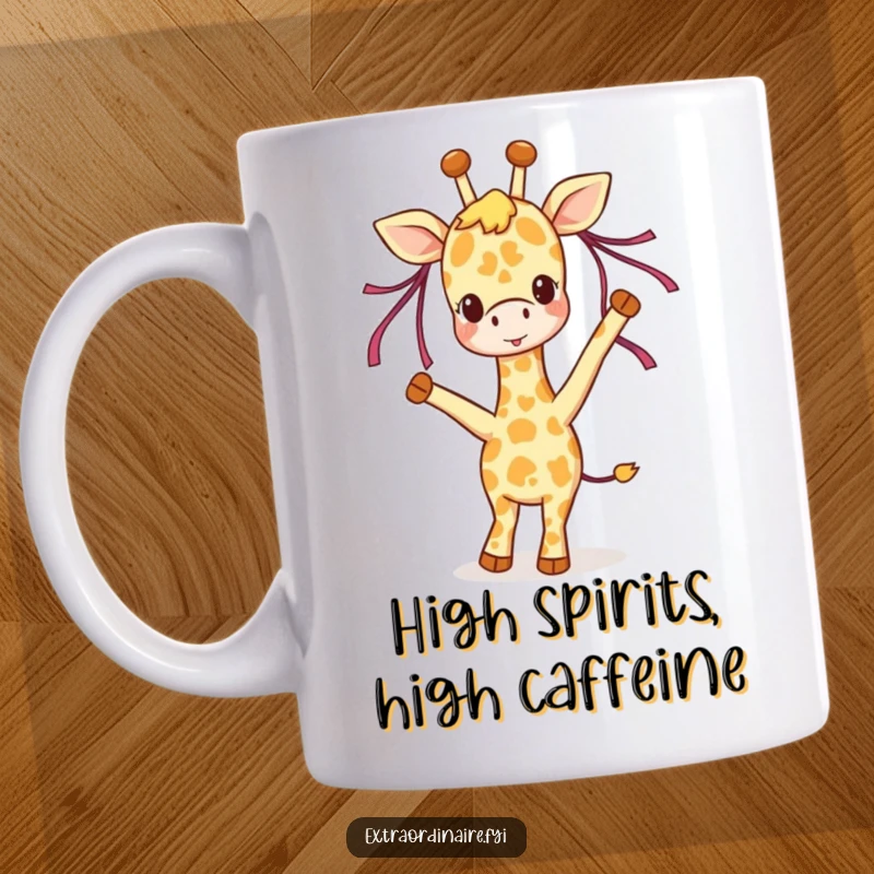 Funny giraffe mug, a joyful giraffe dancing with colorful ribbons in its mane, spreading happiness and positive energy.