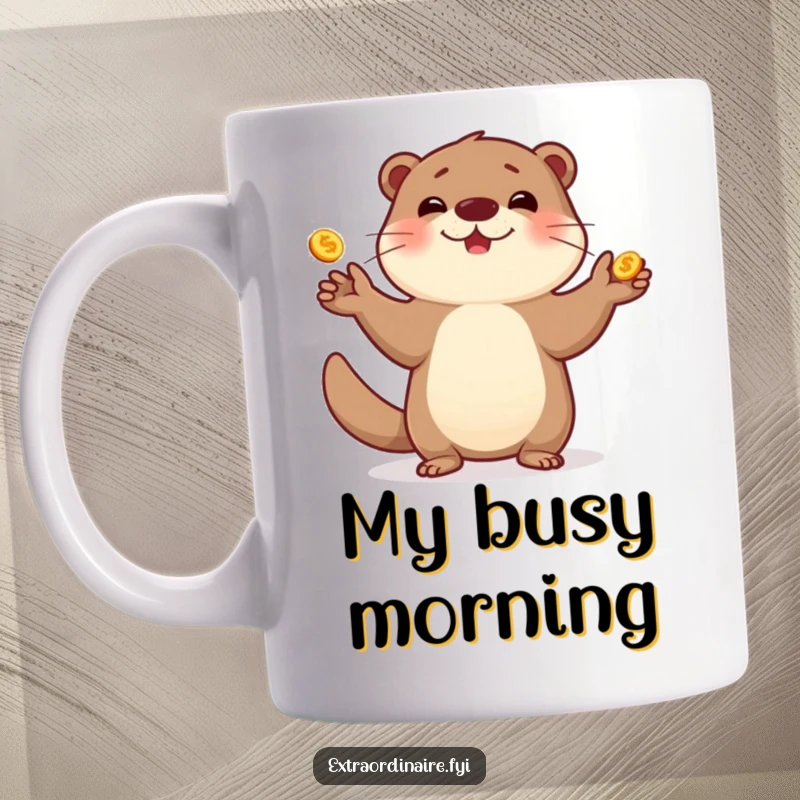 Funny cheerful otter mug juggling golden coins, radiating playful energy and aquatic fun.