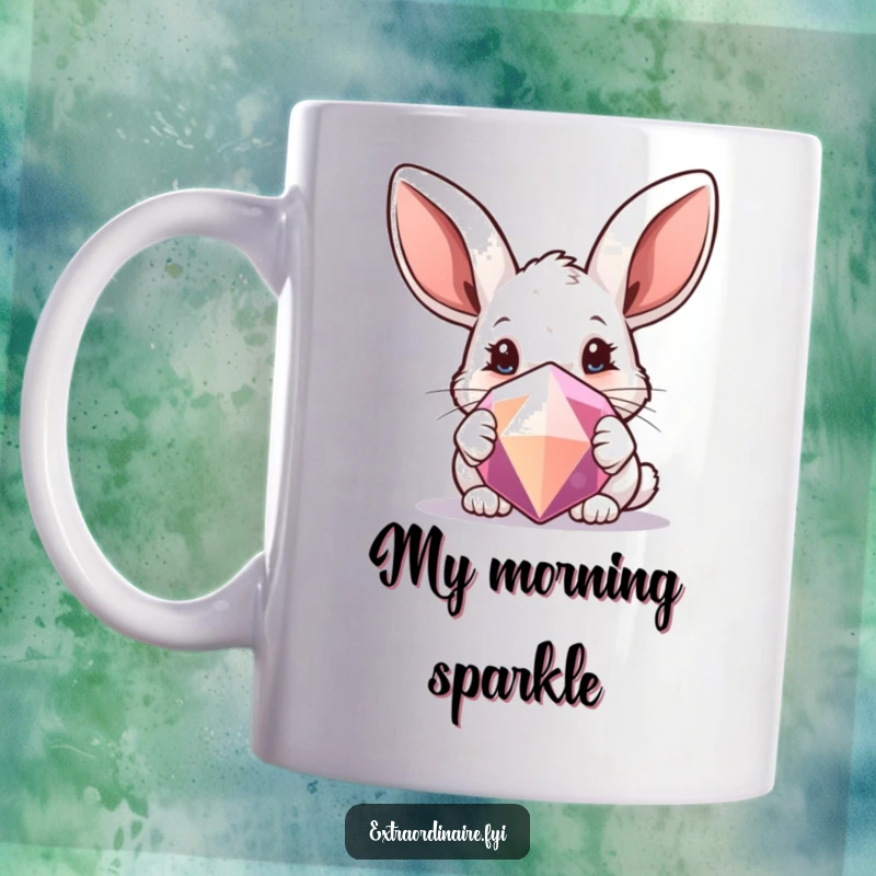 Funny mug showing a curious rabbit with oversized ears peeking from behind a large, sparkling gem.