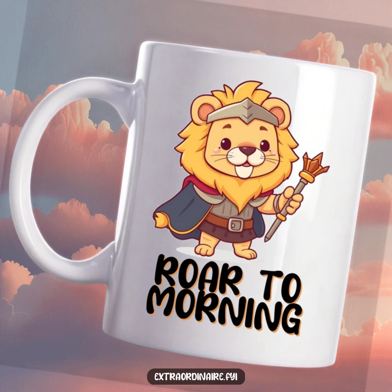 Funny brave lion mug wearing a regal cape and holding a scepter, exuding majestic humor.