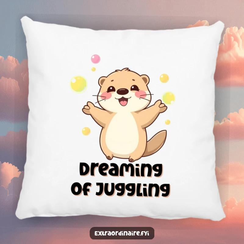 Funny playful otter character juggling glowing orbs, designed on a soft pillow, offering comfort and playful charm, a cute accent.