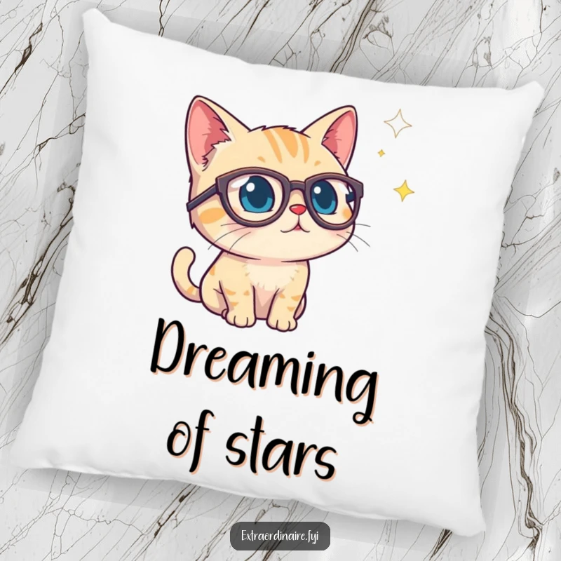 Funny pillow featuring a curious cat in spectacles peering into a starry void, offering plush comfort and intellectual charm.