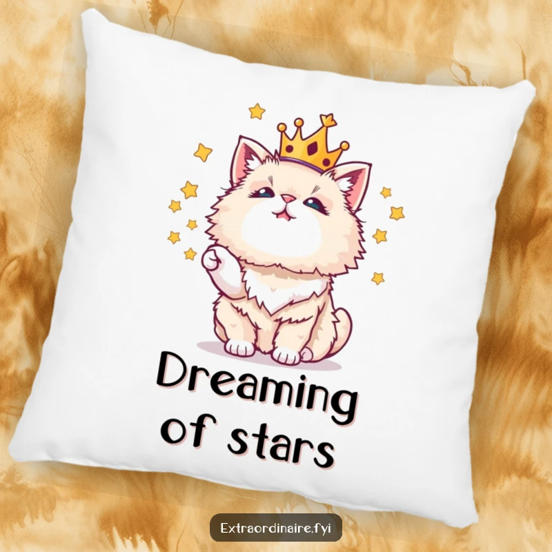 Funny, soft pillow featuring a crowned cat juggling stars, perfect for comfort and whimsical decor.