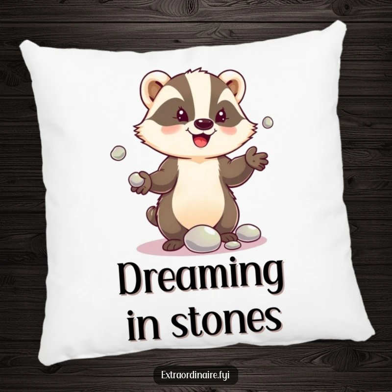 Funny pillow design showing a delighted badger character juggling shiny pebbles, offering comfort and a whimsical visual.