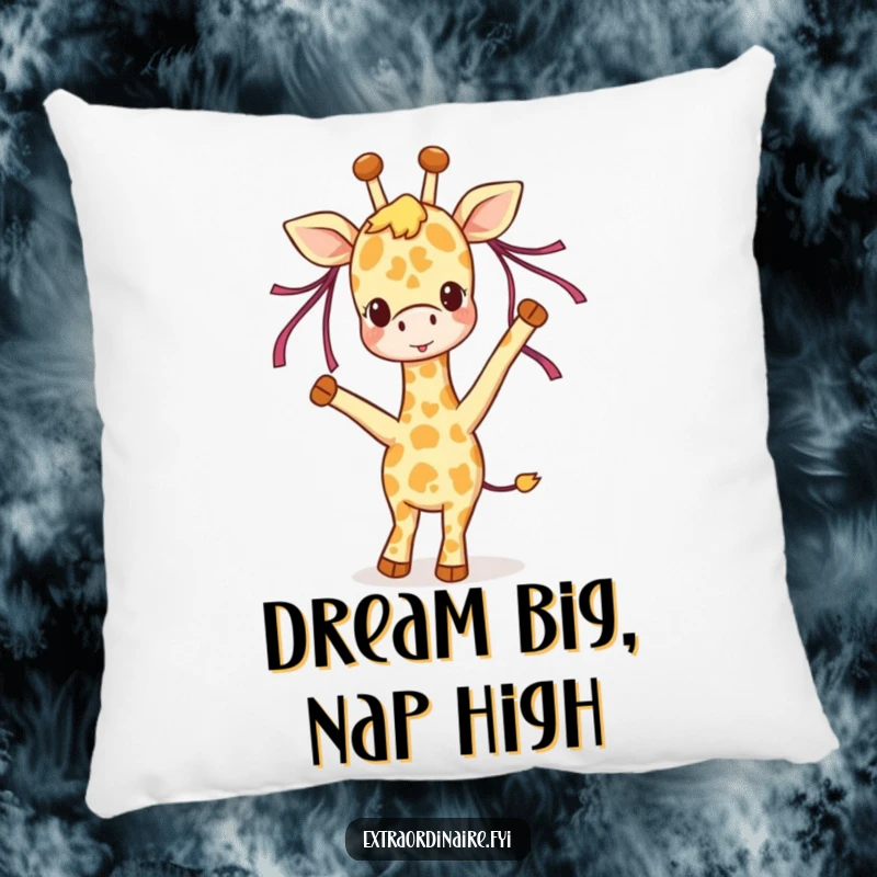 Funny giraffe pillow, a joyful giraffe dancing with ribbons in its mane, soft and decorative cushion for happy homes.