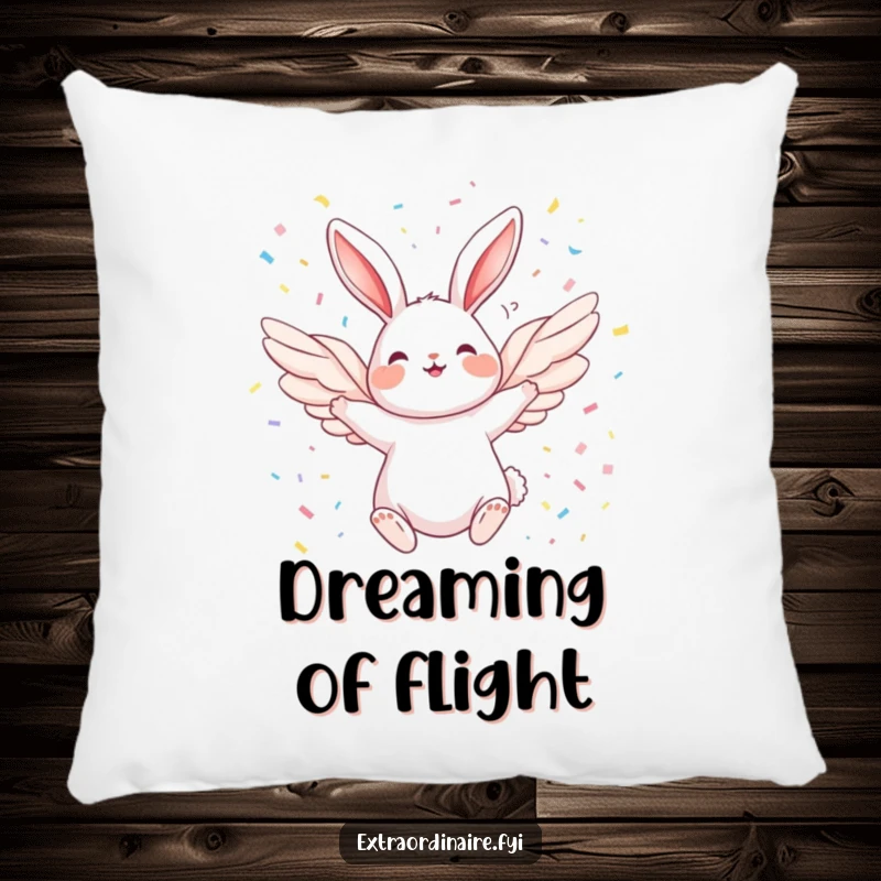 Funny Joyful Rabbit Pillow: A soft pillow with a funny design of a winged rabbit flying joyfully through a cascade of confetti.