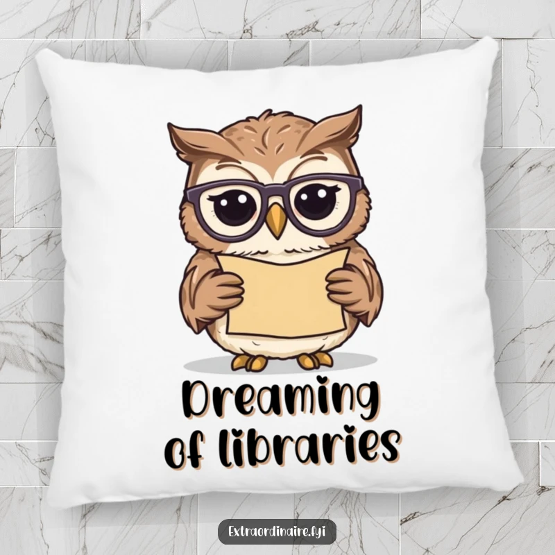 Funny owl scholar pillow, a content owl wearing spectacles, peacefully reading a scroll, adding cozy, intellectual charm to any room.