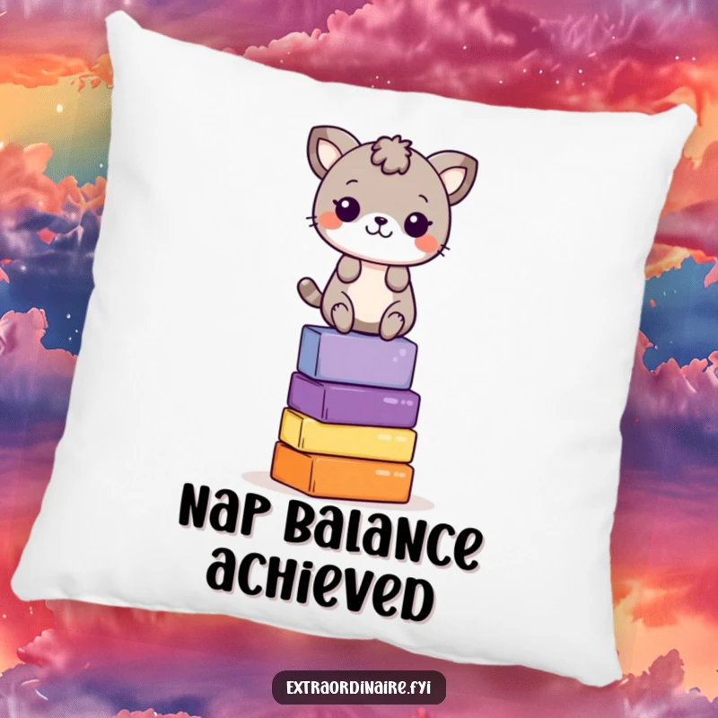Funny Pillow: A delightful animal character balances perfectly on a stack of colorful blocks, offering comfort and a smile.