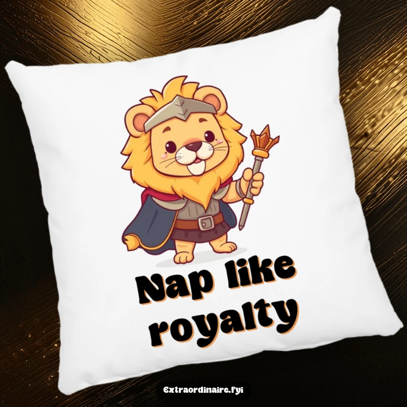 Funny lion pillow, royally adorned with a cape and scepter, designed for comfortable and regal lounging.