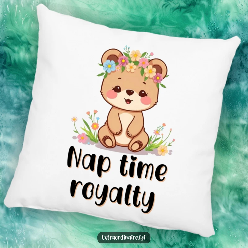 Funny pillow with a happy bear cub wearing a wildflower crown, adding a touch of woodland charm.