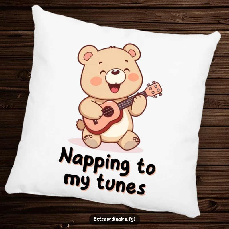 Funny Bear Pillow: A cheerful bear character sits contentedly, playing a miniature ukulele.