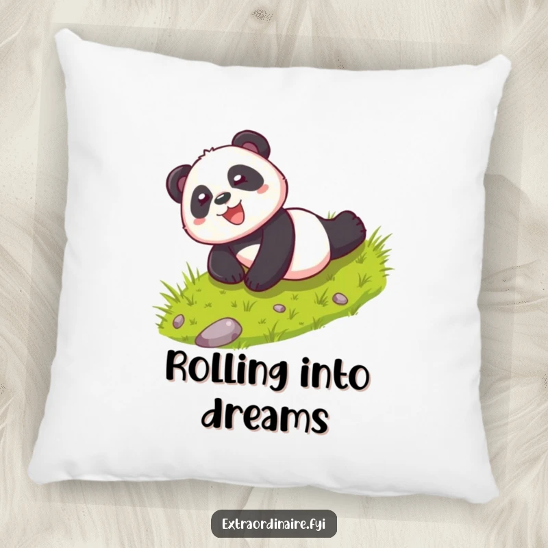 Funny pillow featuring a playful panda character rolling down a hill with glee, offering comfort and a touch of lighthearted fun.