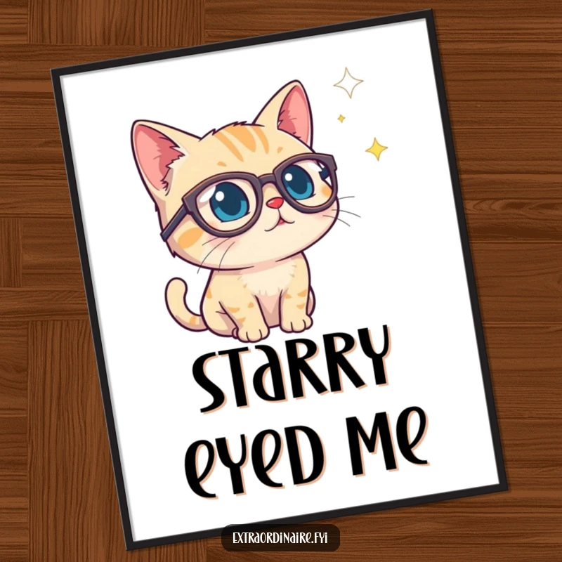 Funny digital art print of a curious cat in oversized spectacles peering into a starry void, adding instant cosmic charm.
