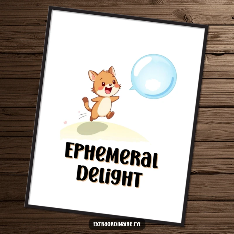 Funny digital art print of an excited animal character leaping to catch a mesmerizing, floating bubble, radiating pure happiness.