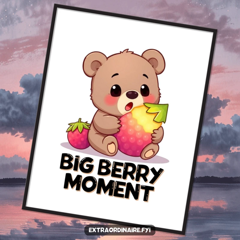 Funny bear cub berry digital art print of a cub’s shocked face at a giant glowing berry, capturing innocent wonder.