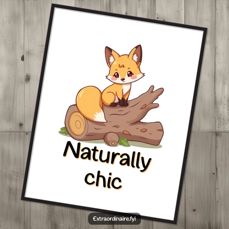 Funny digital art print of a playful fox elegantly posing on a fallen log, ready for download.