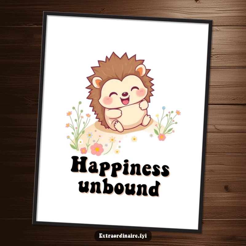 Funny happy hedgehog rolling downhill with a wide grin, surrounded by tiny flowers, as a high-resolution digital print.